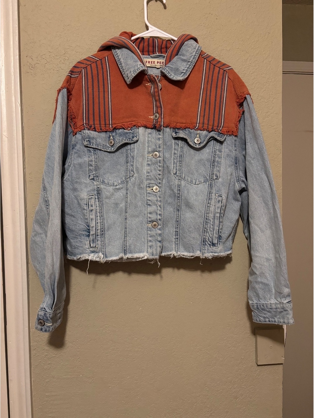 Free People Denim Jacket with Striped Hooded Overlay